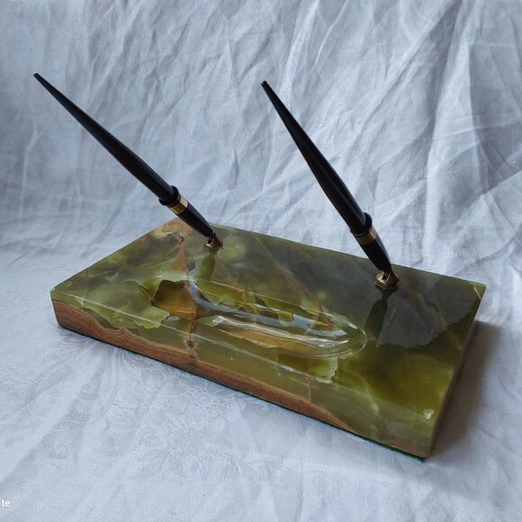 Vtg Schaeffer green marble desk set 2 fountain pens 14K gold nibs midcentury - Picture 1 of 11